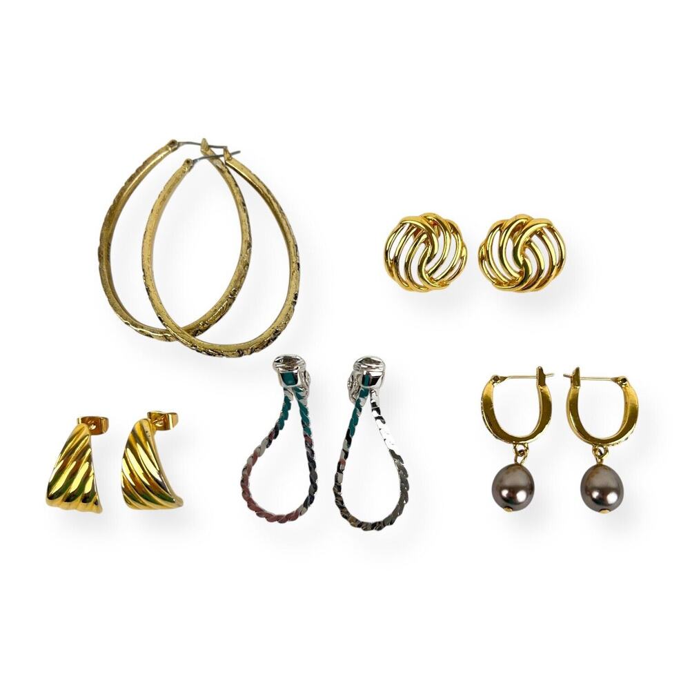 Lot Monet Earrings 5 Pair Pierced Clip Gold And Silver Tone Dangle Hoop Stud Vtg